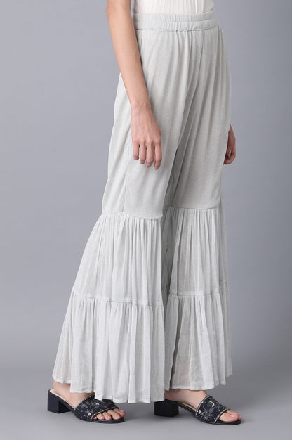 Silver Solid Flared Woven Palazzo With Elasticated Waist