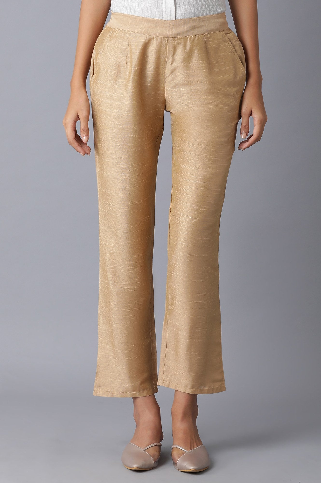 Gold Solid Parallel Fit Pants With Elasticated Waist