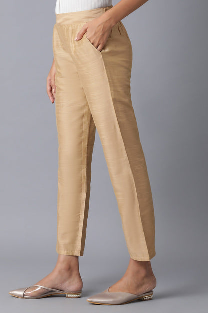 Gold Solid Parallel Fit Pants With Elasticated Waist