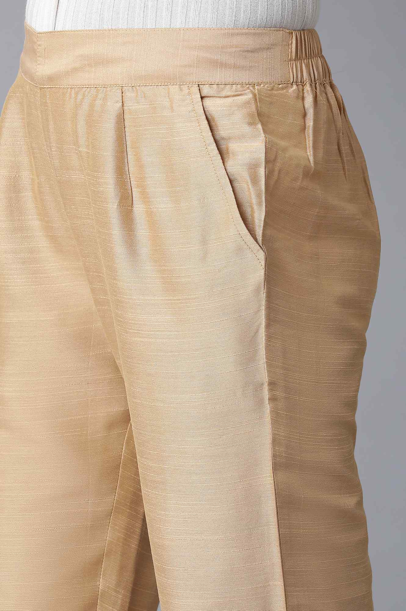 Gold Solid Parallel Fit Pants With Elasticated Waist