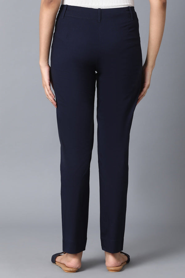 Elleven Women's Navy Blue Solid Slim Fit Cotton Pants With Front Zip Closure