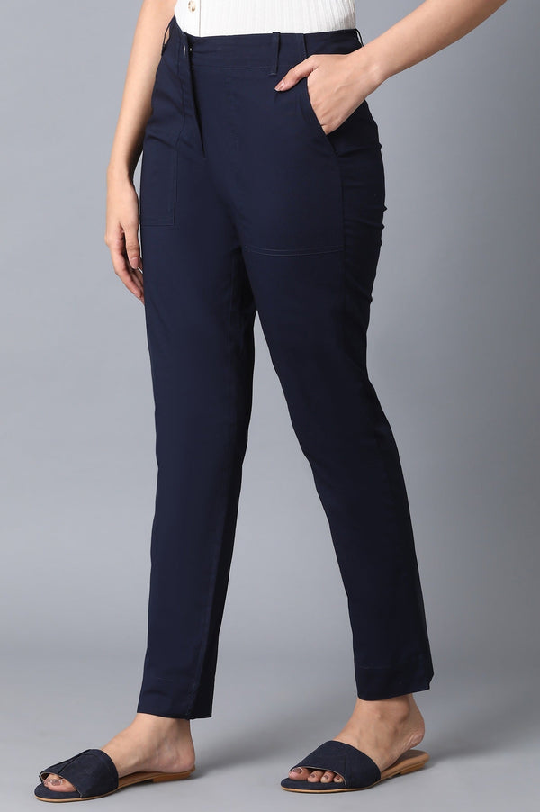 Elleven Women's Navy Blue Solid Slim Fit Cotton Pants With Front Zip Closure