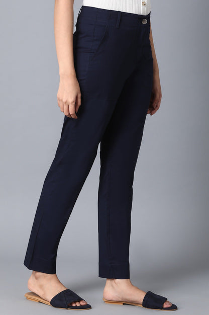 Navy Blue Solid Slim Fit Cotton Pants With Front Zip Closure