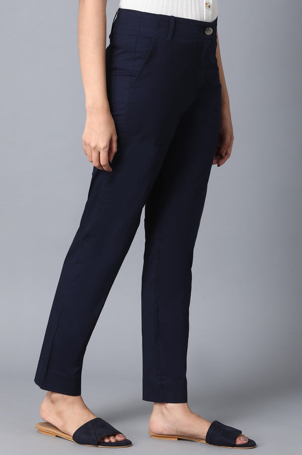 Elleven Women's Navy Blue Solid Slim Fit Cotton Pants With Front Zip Closure