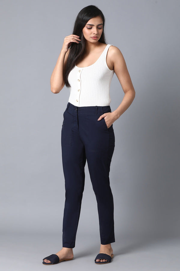 Elleven Women's Navy Blue Solid Slim Fit Cotton Pants With Front Zip Closure