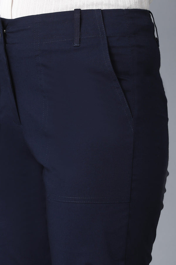 Elleven Women's Navy Blue Solid Slim Fit Cotton Pants With Front Zip Closure