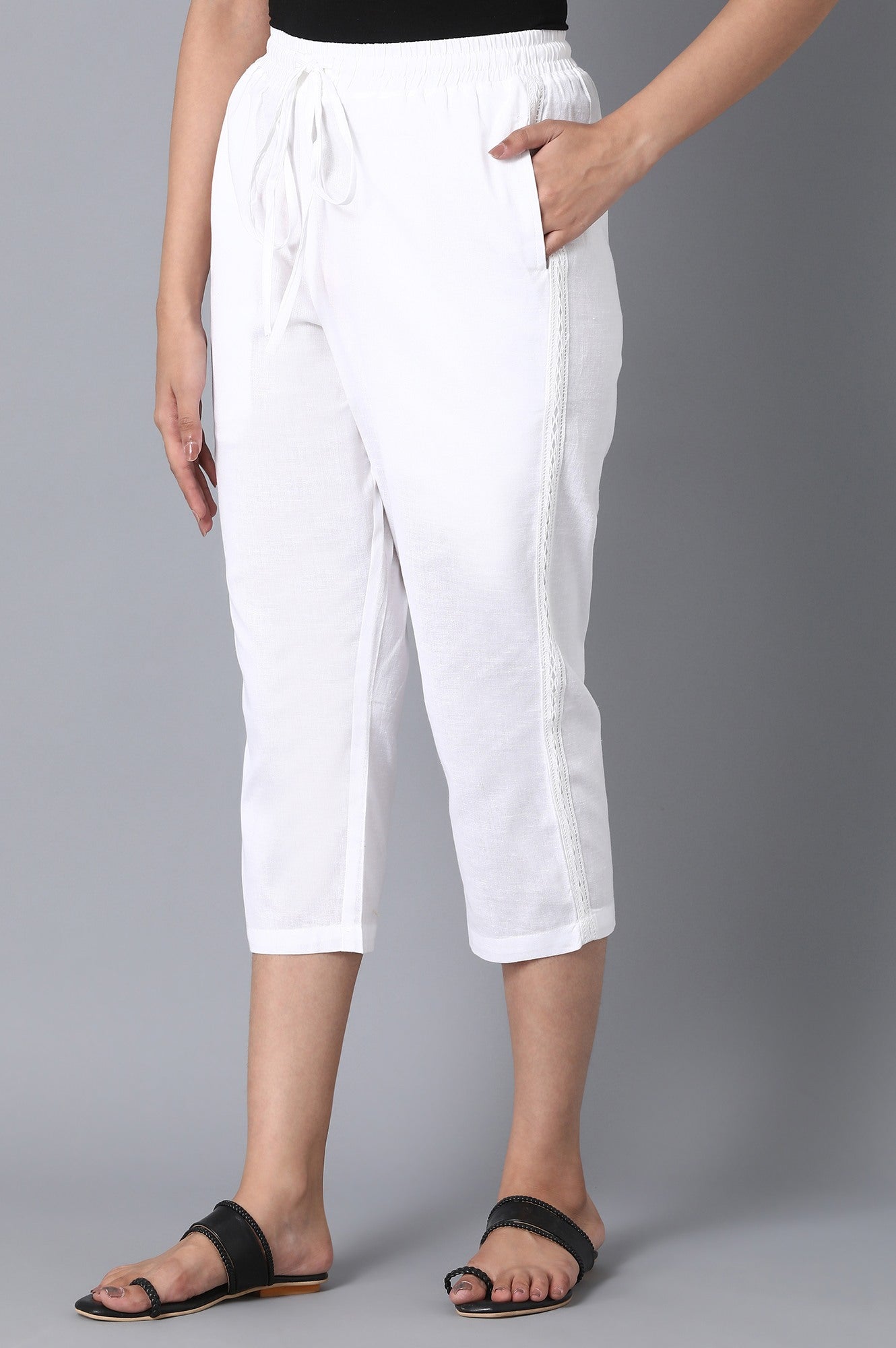 White Solid Straight Fit Cotton Pants With Drawstring