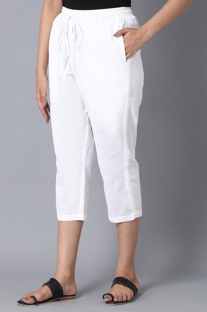 White Solid Straight Fit Cotton Pants With Drawstring