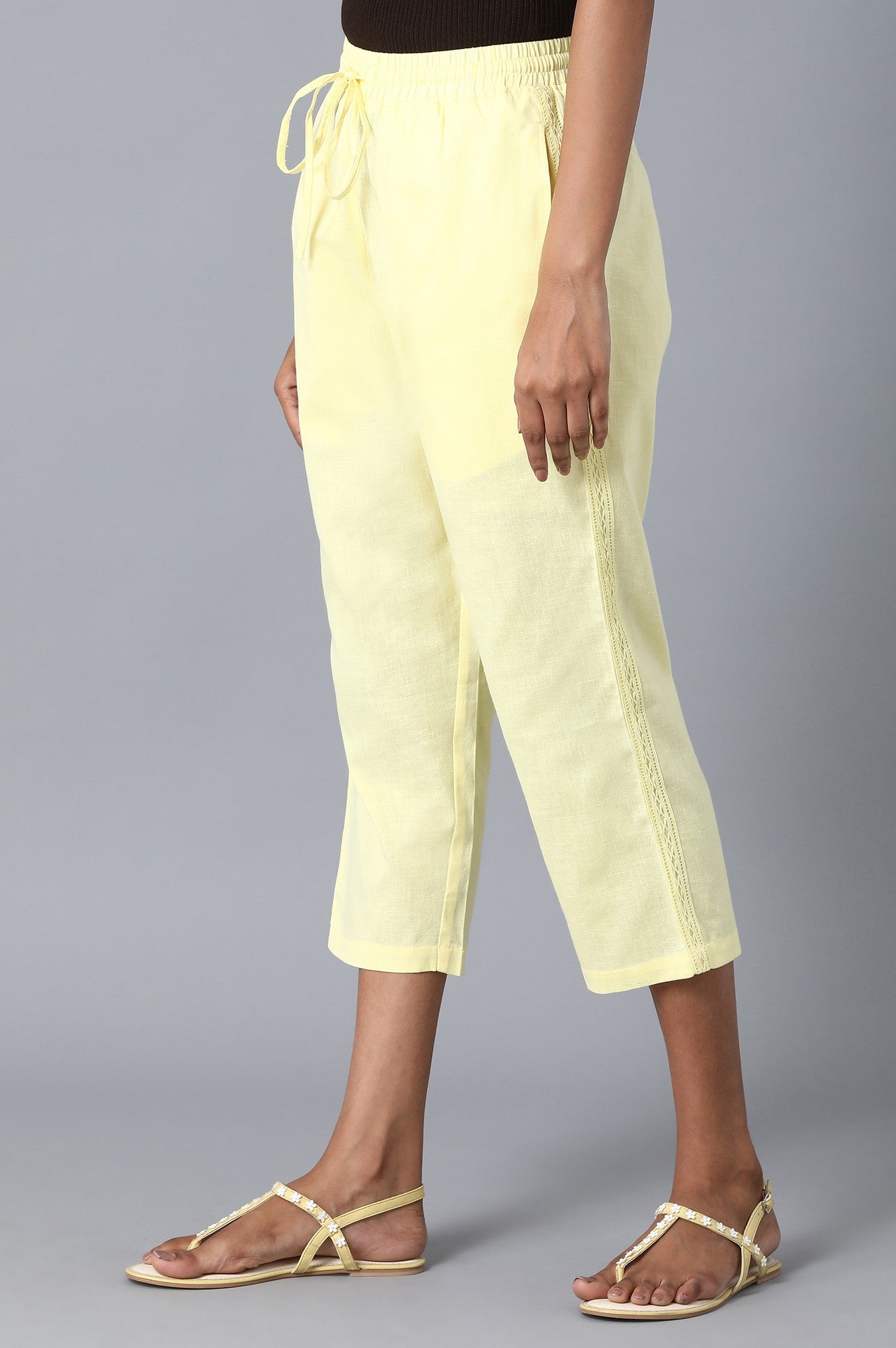 Yellow Solid Straight Fit Cotton Palazzo With Drawstring