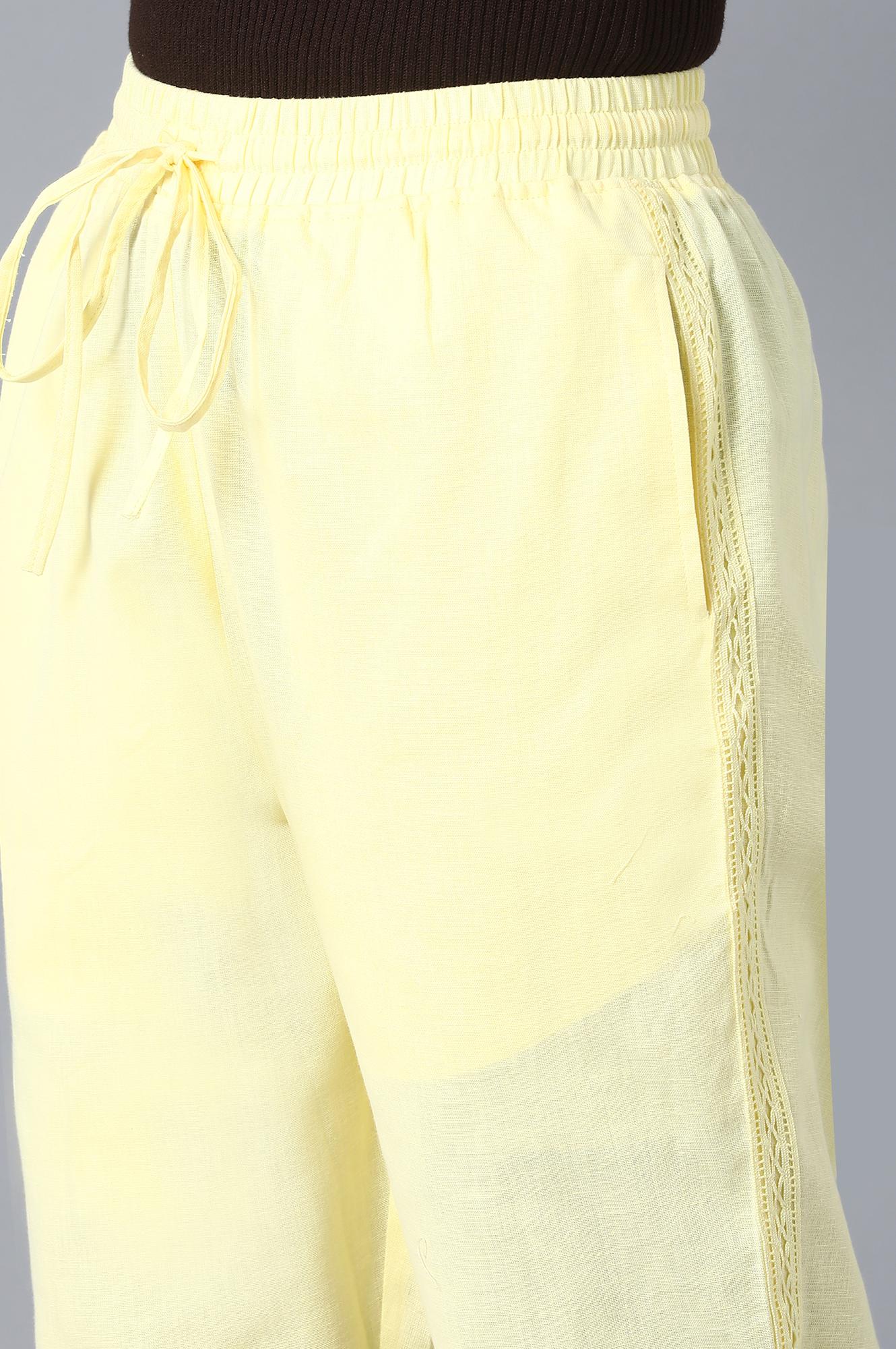 Yellow Solid Straight Fit Cotton Palazzo With Drawstring