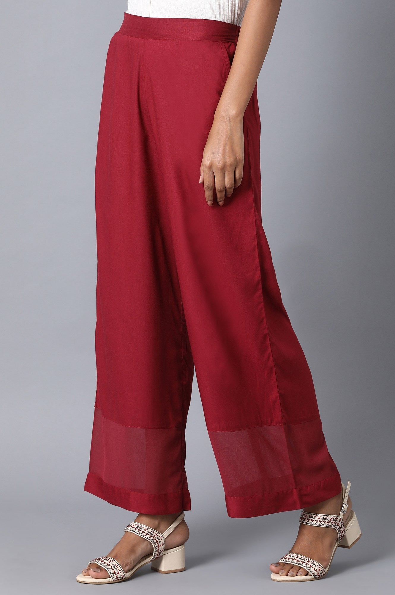 Maroon Solid Straight Fit Palazzo With Georgette Hem Insert
