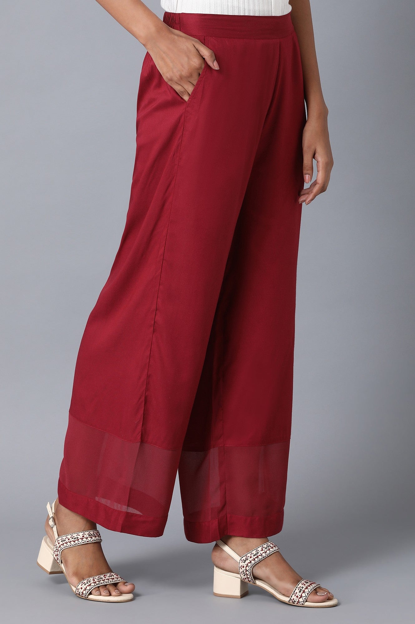 Maroon Solid Straight Fit Palazzo With Georgette Hem Insert