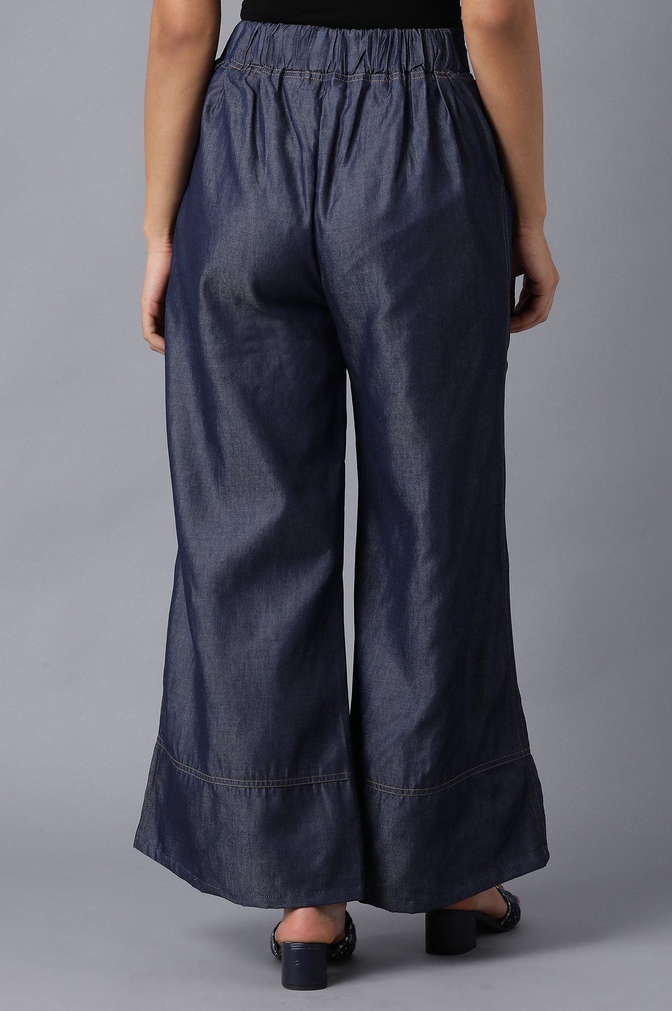 Blue Solid Flared Denim Palazzo With Button Detail