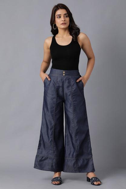 Blue Solid Flared Denim Palazzo With Button Detail