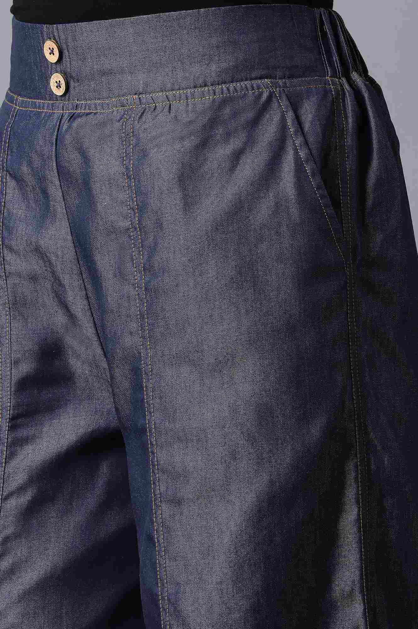 Blue Solid Flared Denim Palazzo With Button Detail