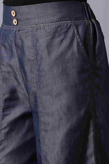 Blue Solid Flared Denim Palazzo With Button Detail