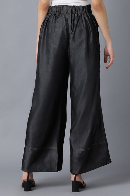 Black Solid Flared Denim Palazzo With Front Buttons