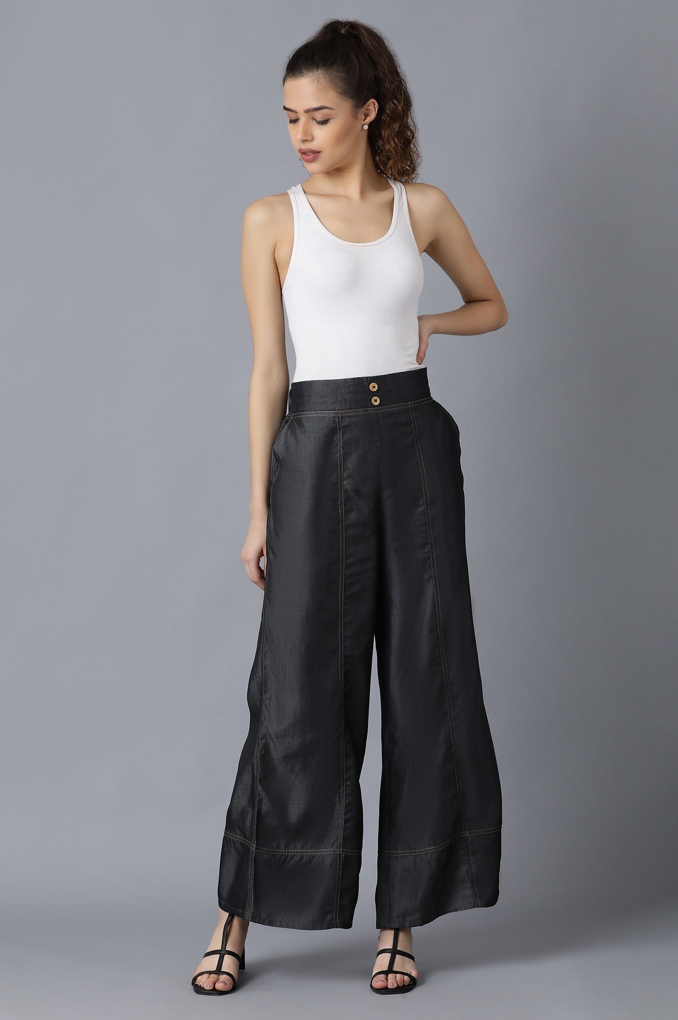 Black Solid Flared Denim Palazzo With Front Buttons