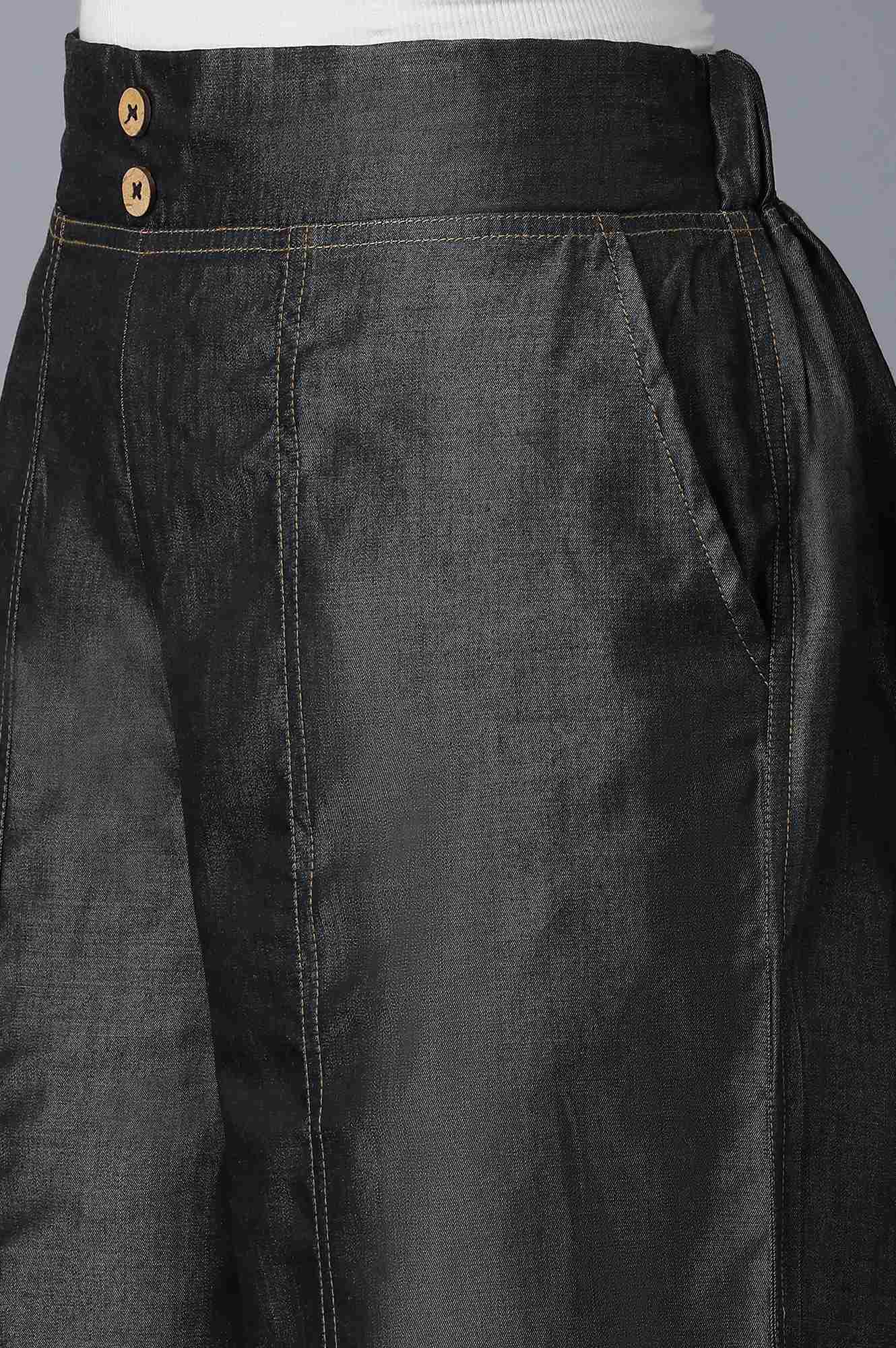 Black Solid Flared Denim Palazzo With Front Buttons