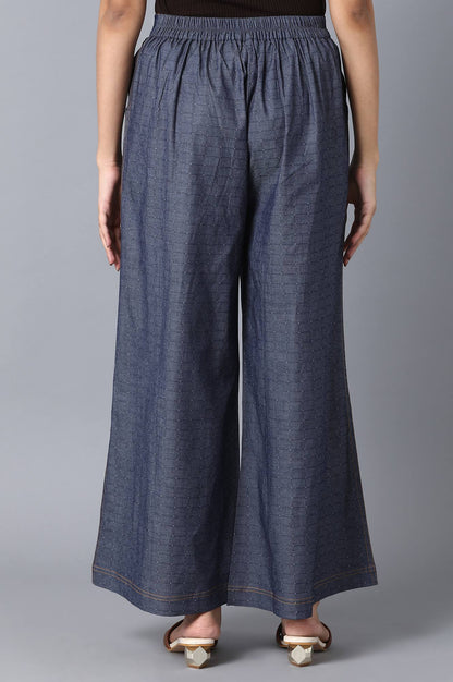 Blue Checkered Flared Cotton Palazzo With Elasticated Waist