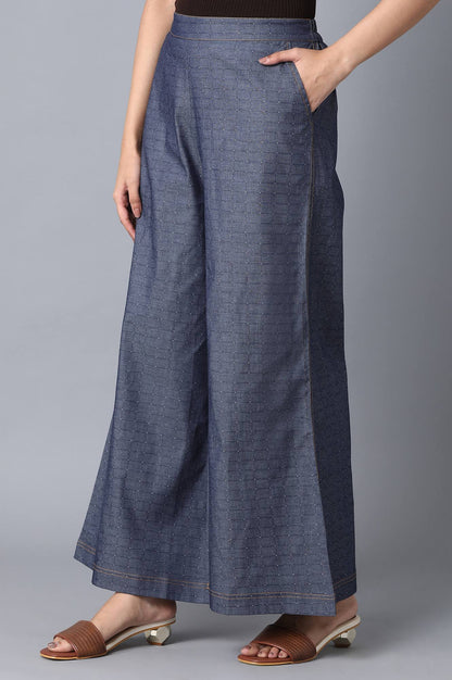 Blue Checkered Flared Cotton Palazzo With Elasticated Waist