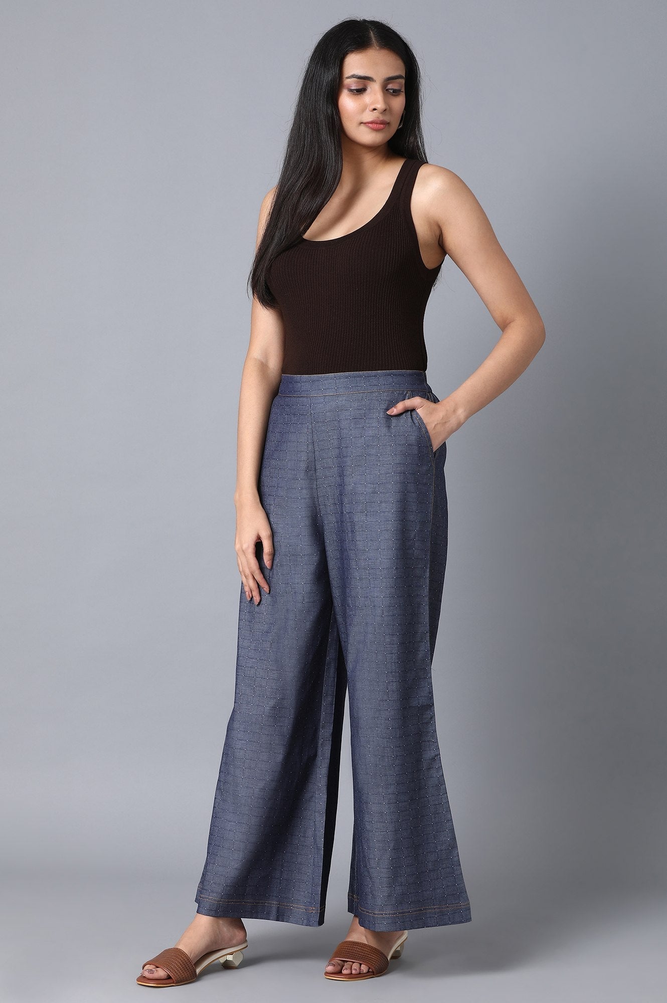 Blue Checkered Flared Cotton Palazzo With Elasticated Waist