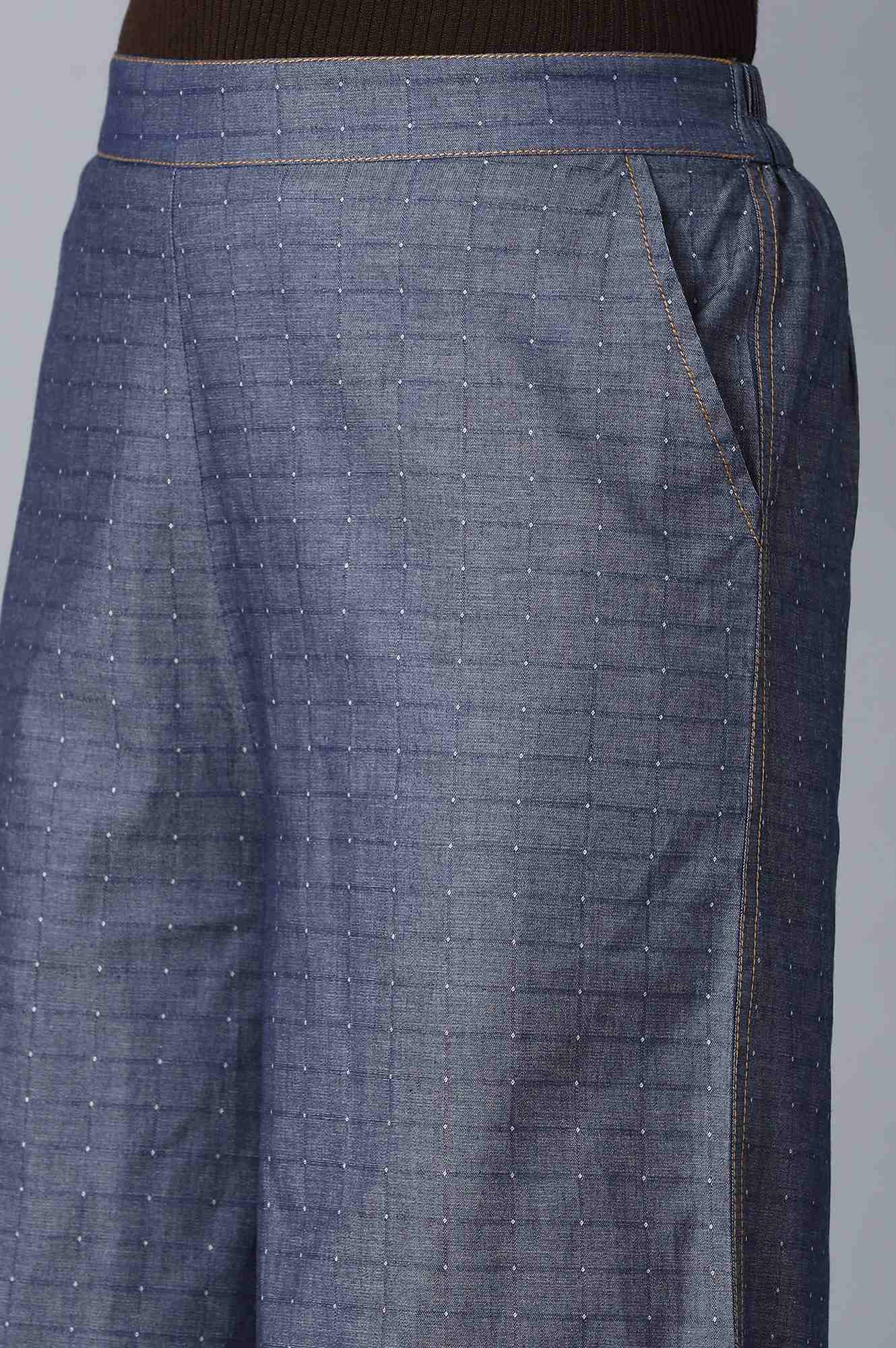 Blue Checkered Flared Cotton Palazzo With Elasticated Waist