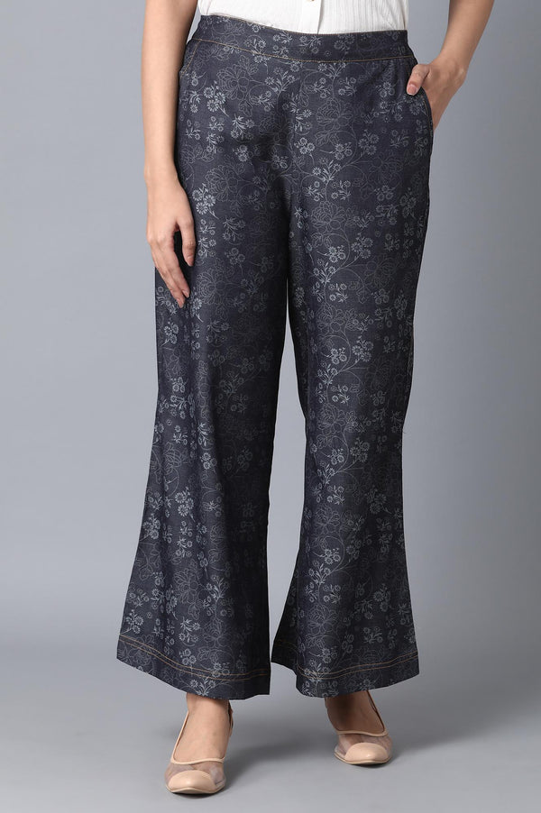 Navy Blue Floral Printed Flared Cotton Palazzo With Elasticated Waist