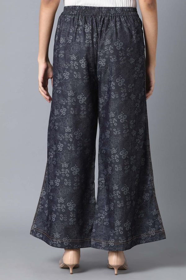 Navy Blue Floral Printed Flared Cotton Palazzo With Elasticated Waist