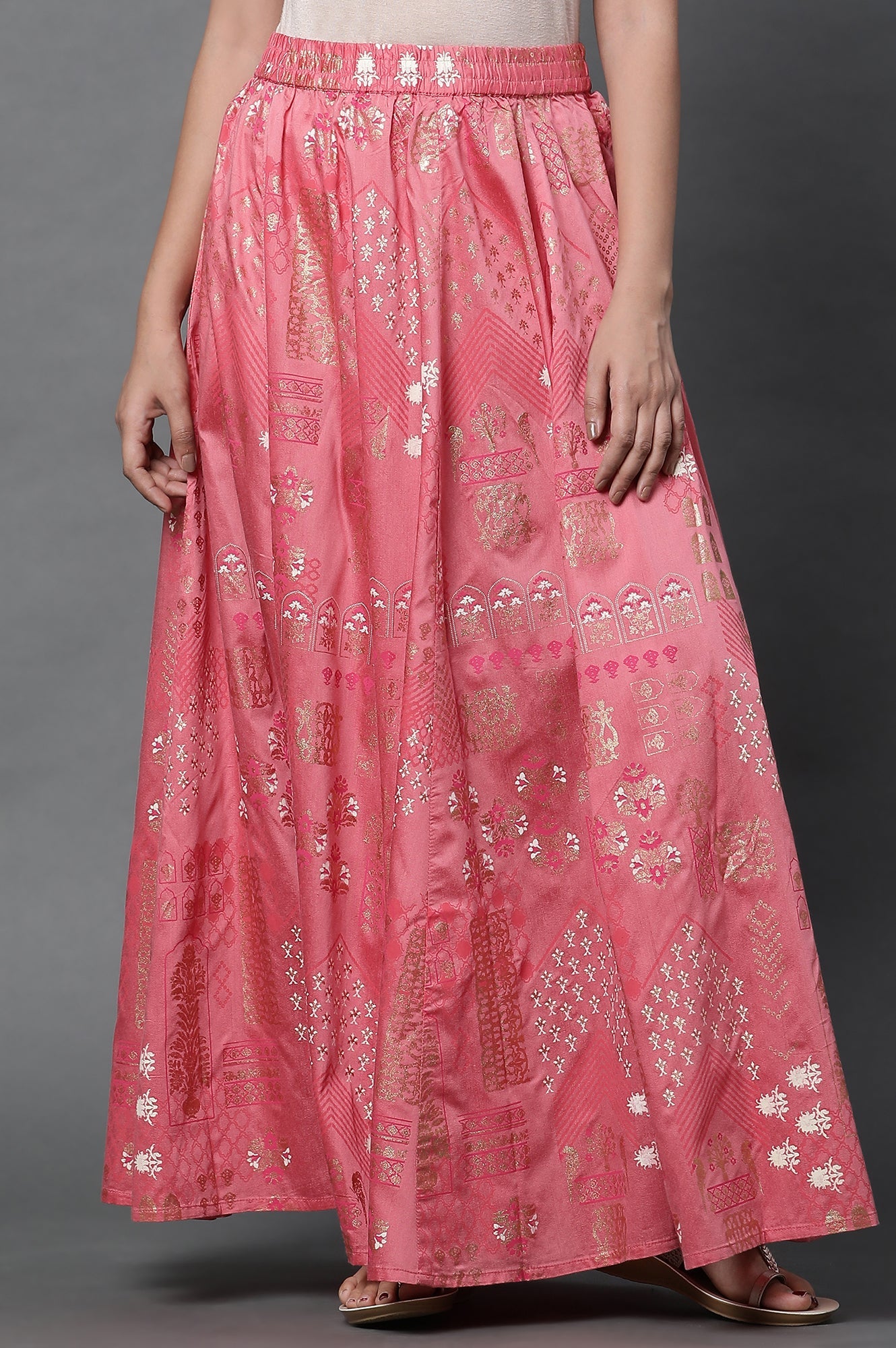 Pink Printed Flared Woven Skirt With Elasticated Waist