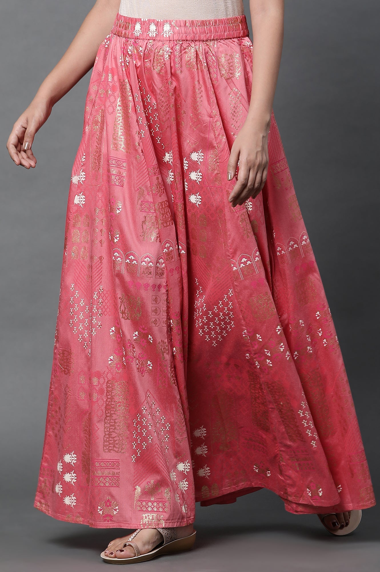 Pink Printed Flared Woven Skirt With Elasticated Waist