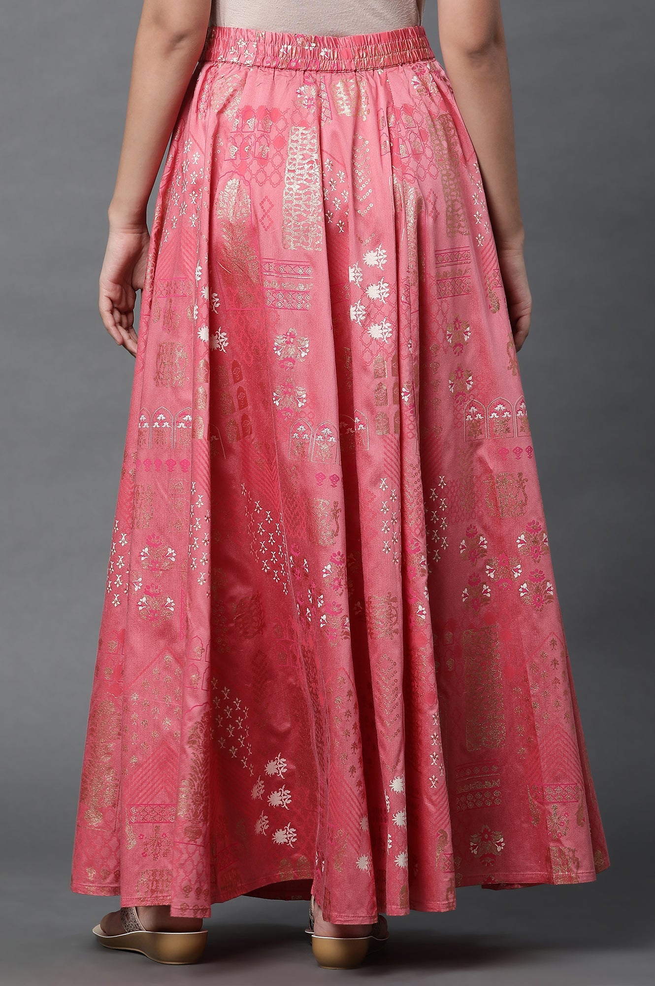 Pink Printed Flared Woven Skirt With Elasticated Waist