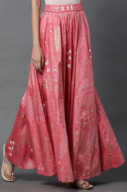 Pink Printed Flared Woven Skirt With Elasticated Waist