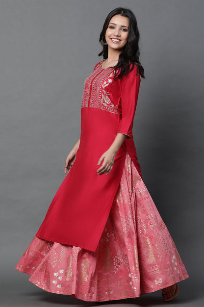 Pink Printed Flared Woven Skirt With Elasticated Waist