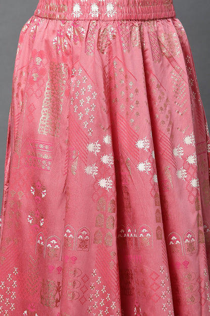 Pink Printed Flared Woven Skirt With Elasticated Waist