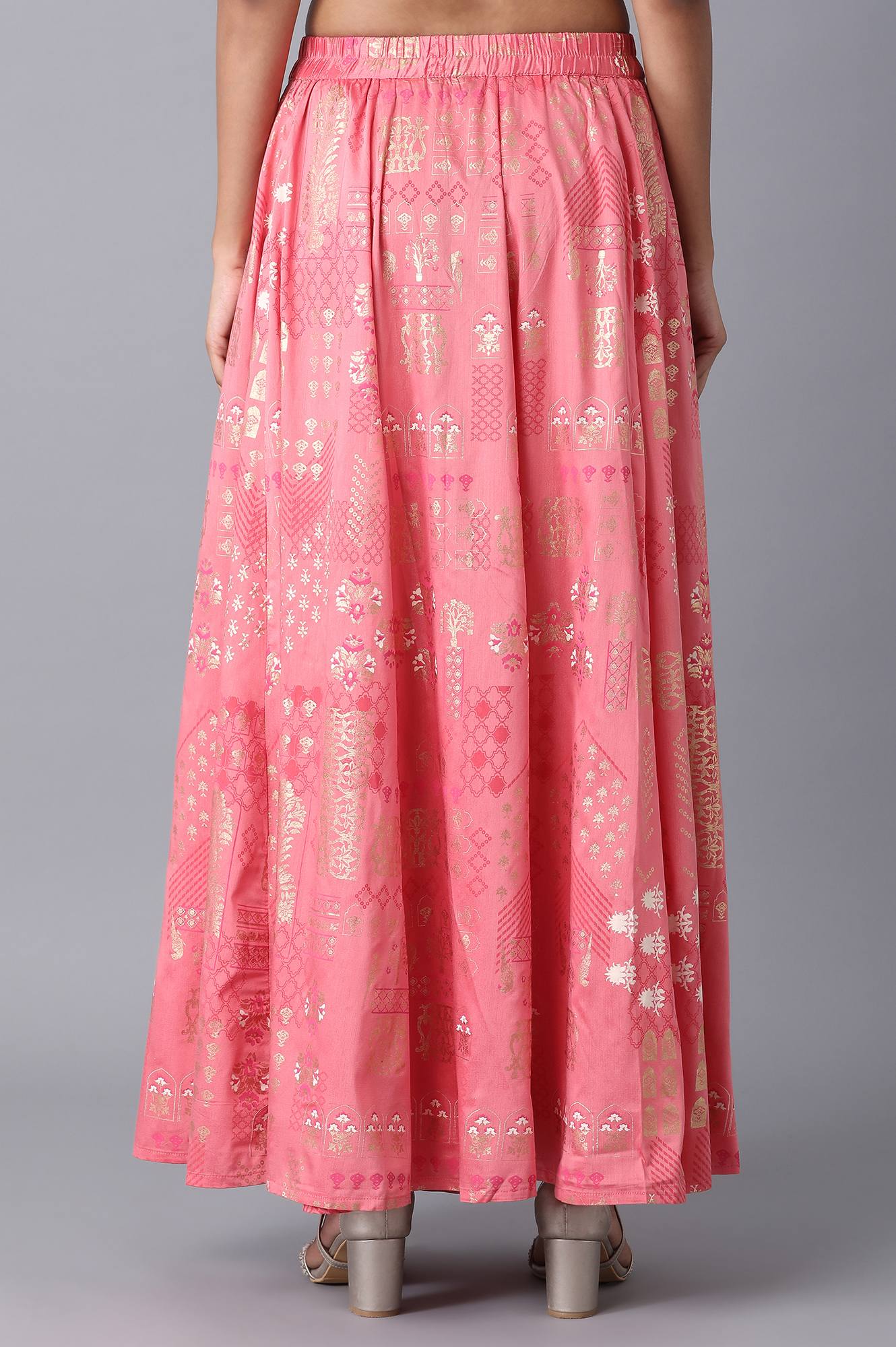 Peach Printed Flared Cotton Skirt with Elasticated Waist