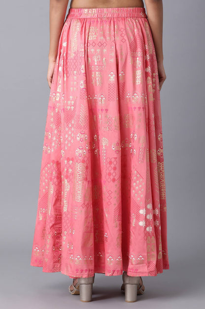 Peach Printed Flared Cotton Skirt with Elasticated Waist