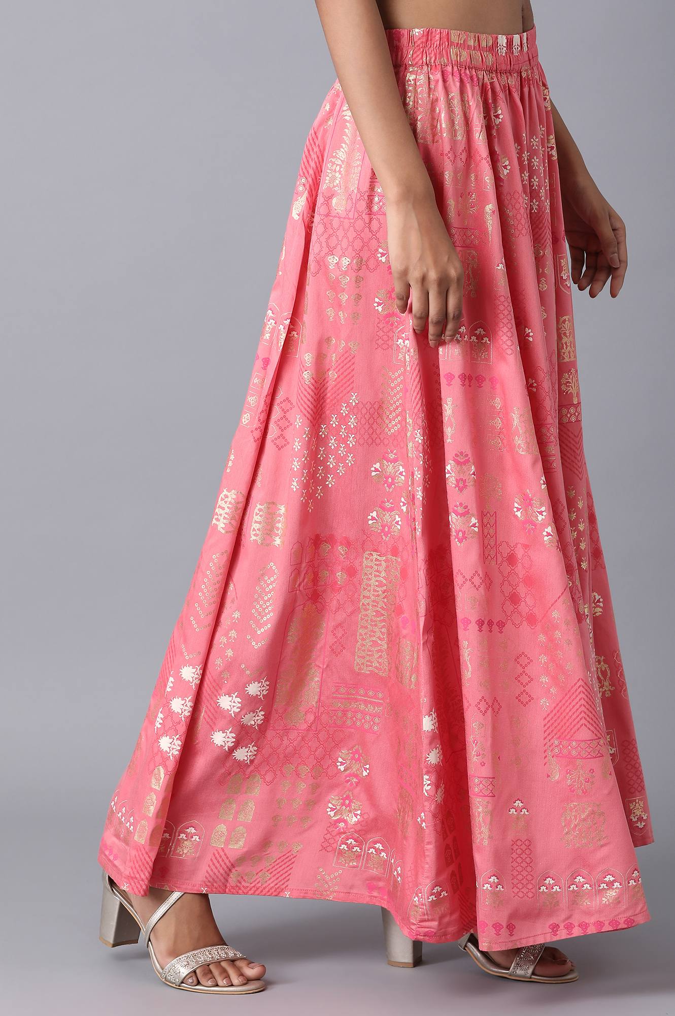 Peach Printed Flared Cotton Skirt with Elasticated Waist