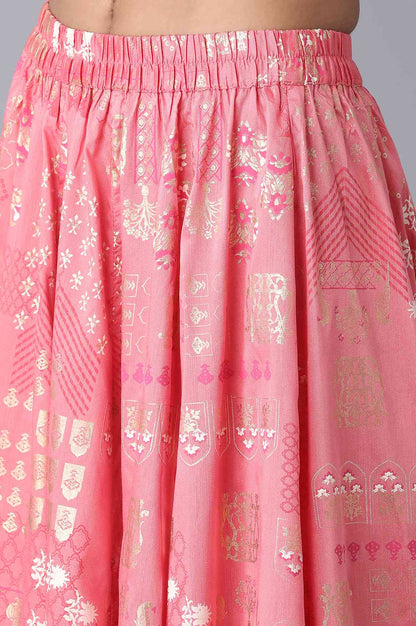 Peach Printed Flared Cotton Skirt with Elasticated Waist