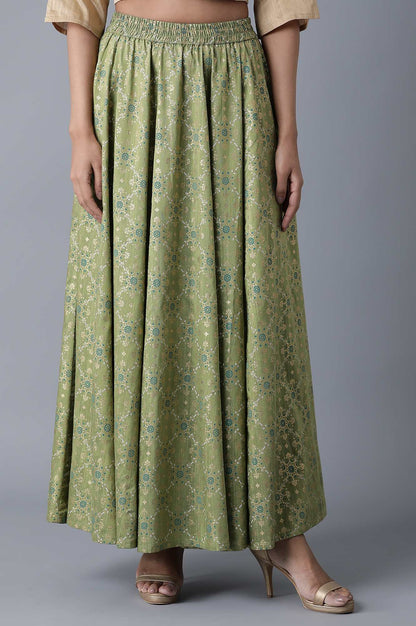 Green Floral Printed Flared Woven Skirt With Elasticated Waist