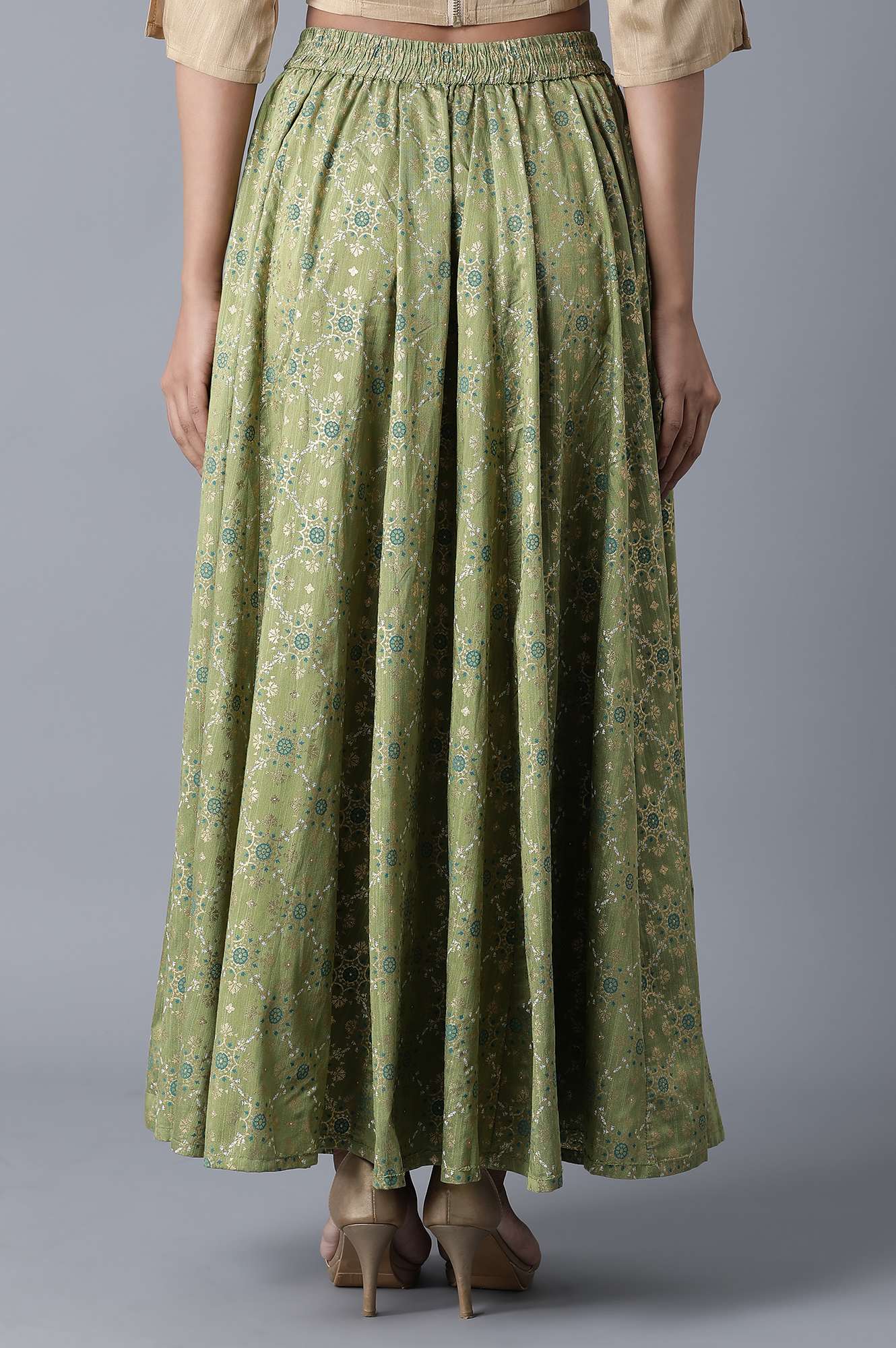 Green Floral Printed Flared Woven Skirt With Elasticated Waist