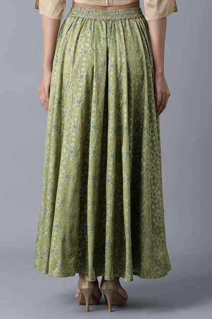 Green Floral Printed Flared Woven Skirt With Elasticated Waist