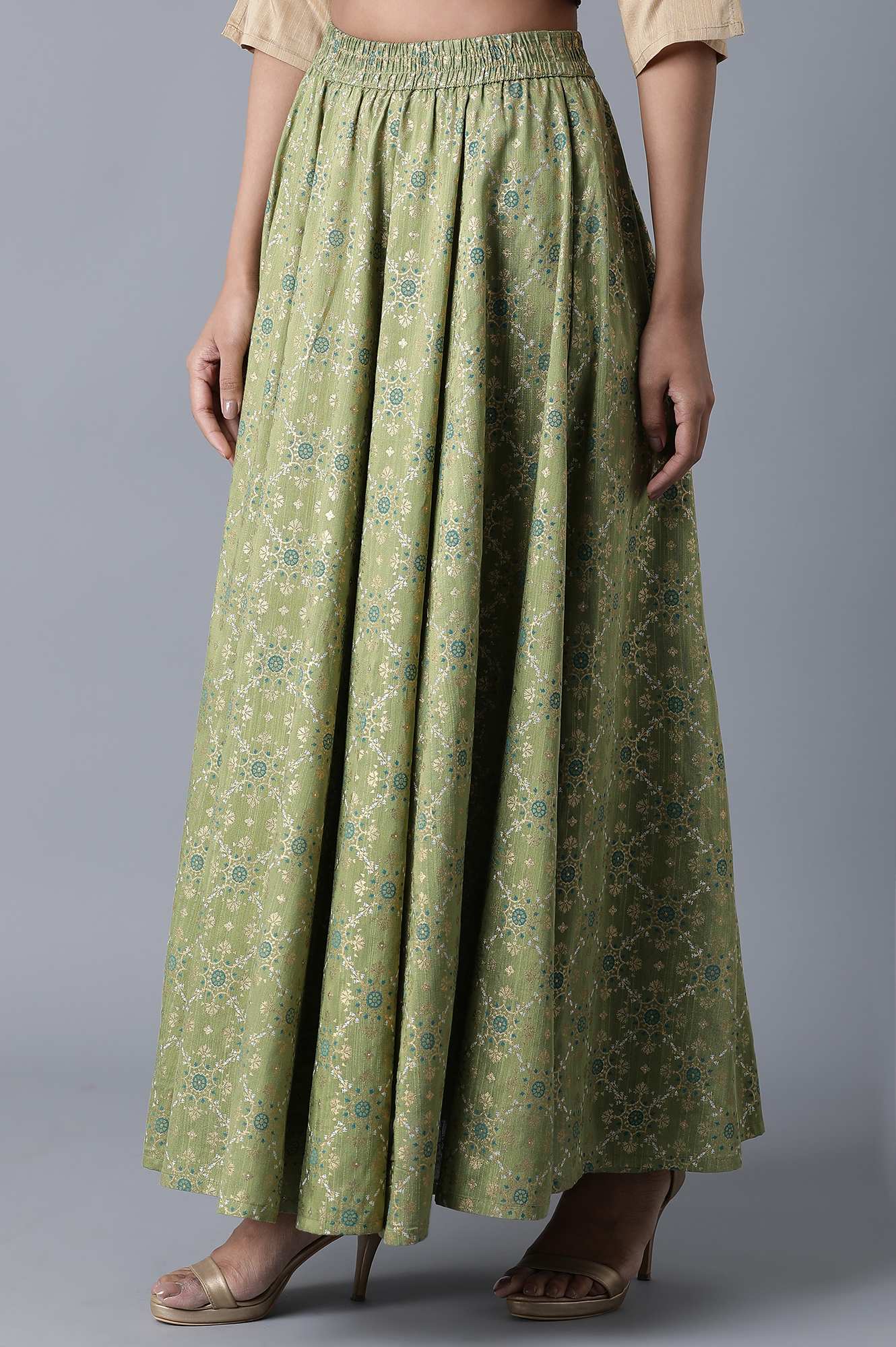 Green Floral Printed Flared Woven Skirt With Elasticated Waist