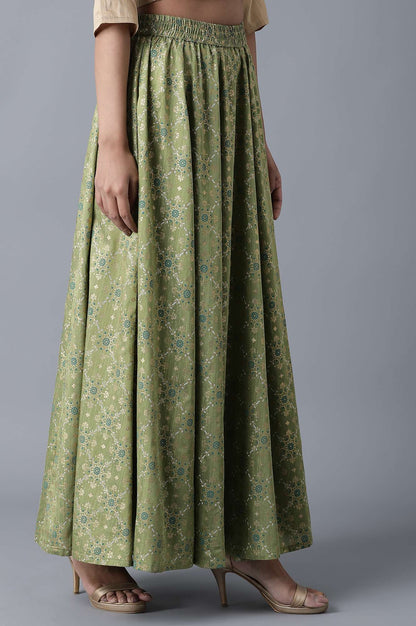 Green Floral Printed Flared Woven Skirt With Elasticated Waist