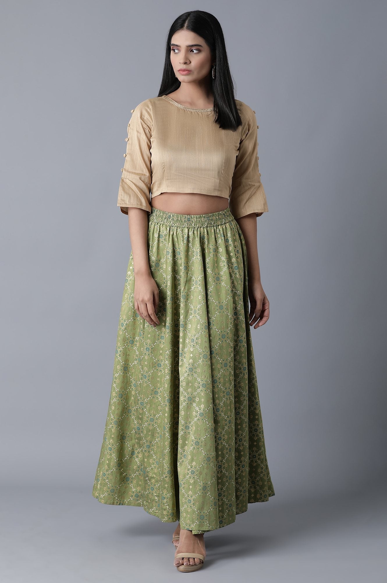 Green Floral Printed Flared Woven Skirt With Elasticated Waist