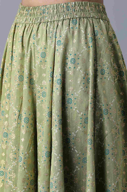 Green Floral Printed Flared Woven Skirt With Elasticated Waist