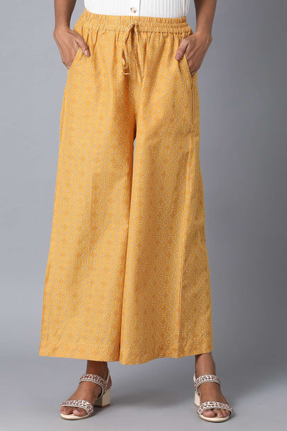 Mustard Geometric Printed Straight-fit Cotton Palazzo with Drawstring