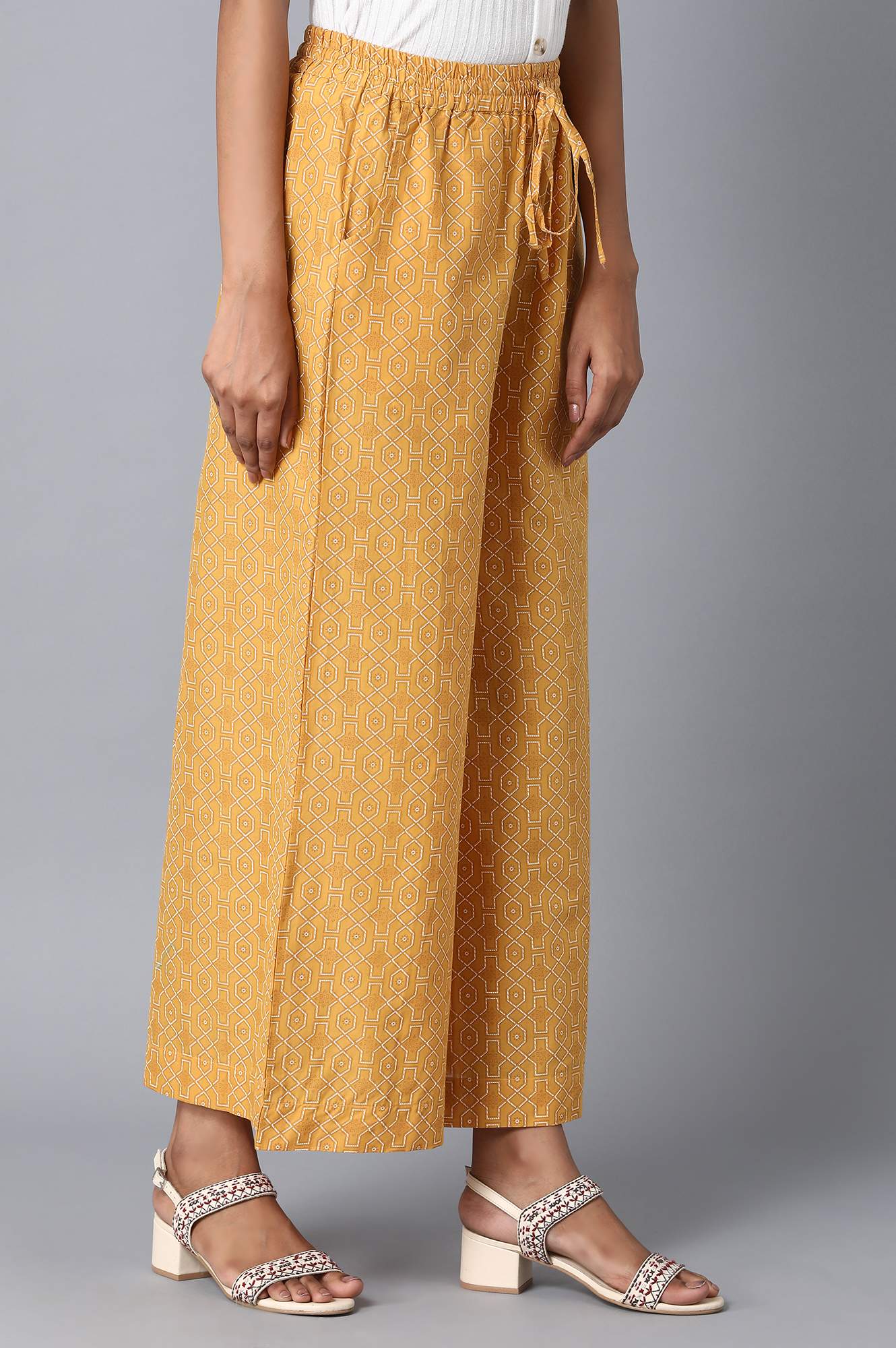 Mustard Geometric Printed Straight-fit Cotton Palazzo with Drawstring