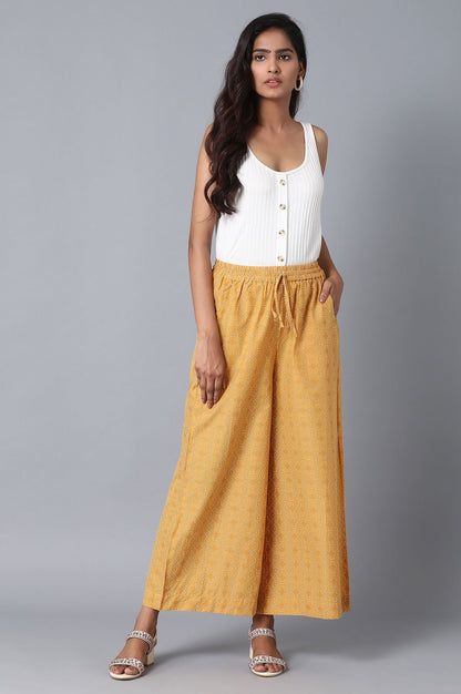 Mustard Geometric Printed Straight-fit Cotton Palazzo with Drawstring