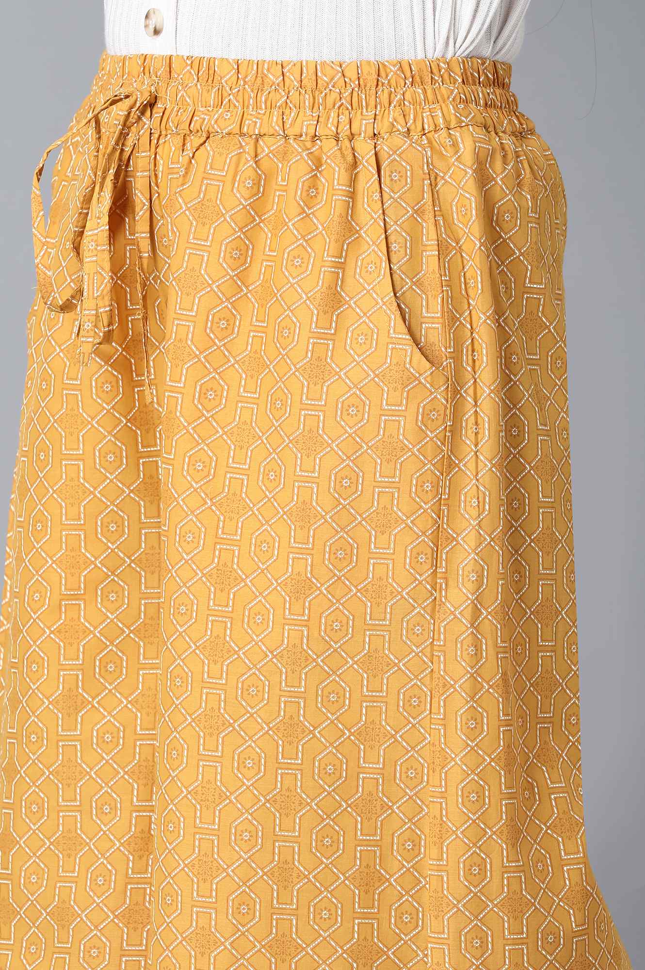 Mustard Geometric Printed Straight-fit Cotton Palazzo with Drawstring